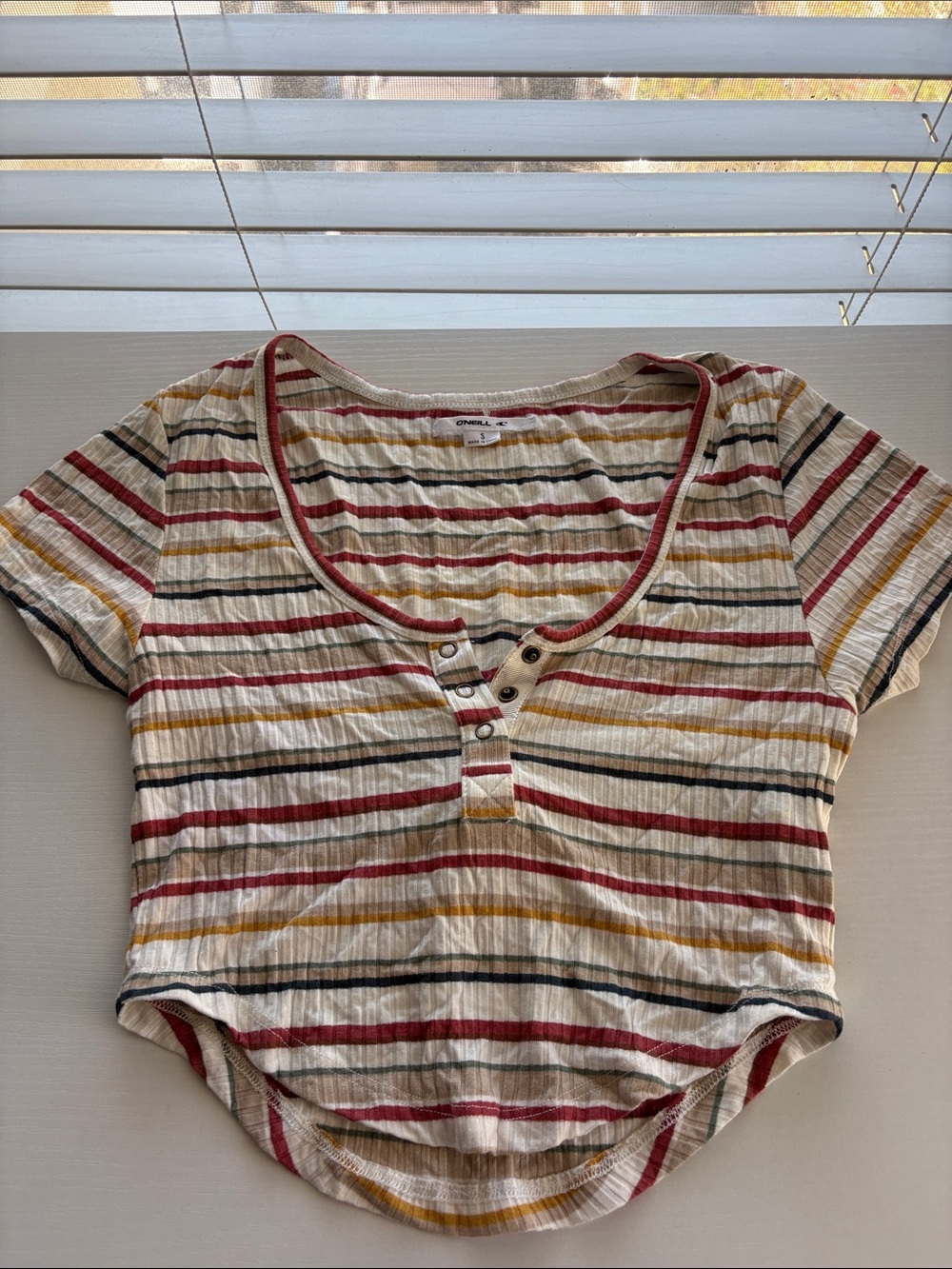 O'Neill Striped Scoop Crop Top in Cream, Red, Mustard, Black